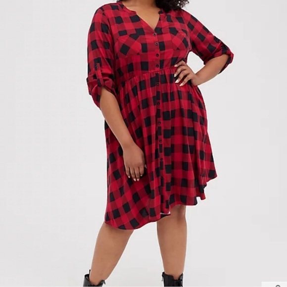 🆕️🍂🍁 STRETCH CHALLIS PLAID RED SHIRT DRESS 🍁🍂 🍂🍁NWT🍁🍂 - Picture 1 of 6